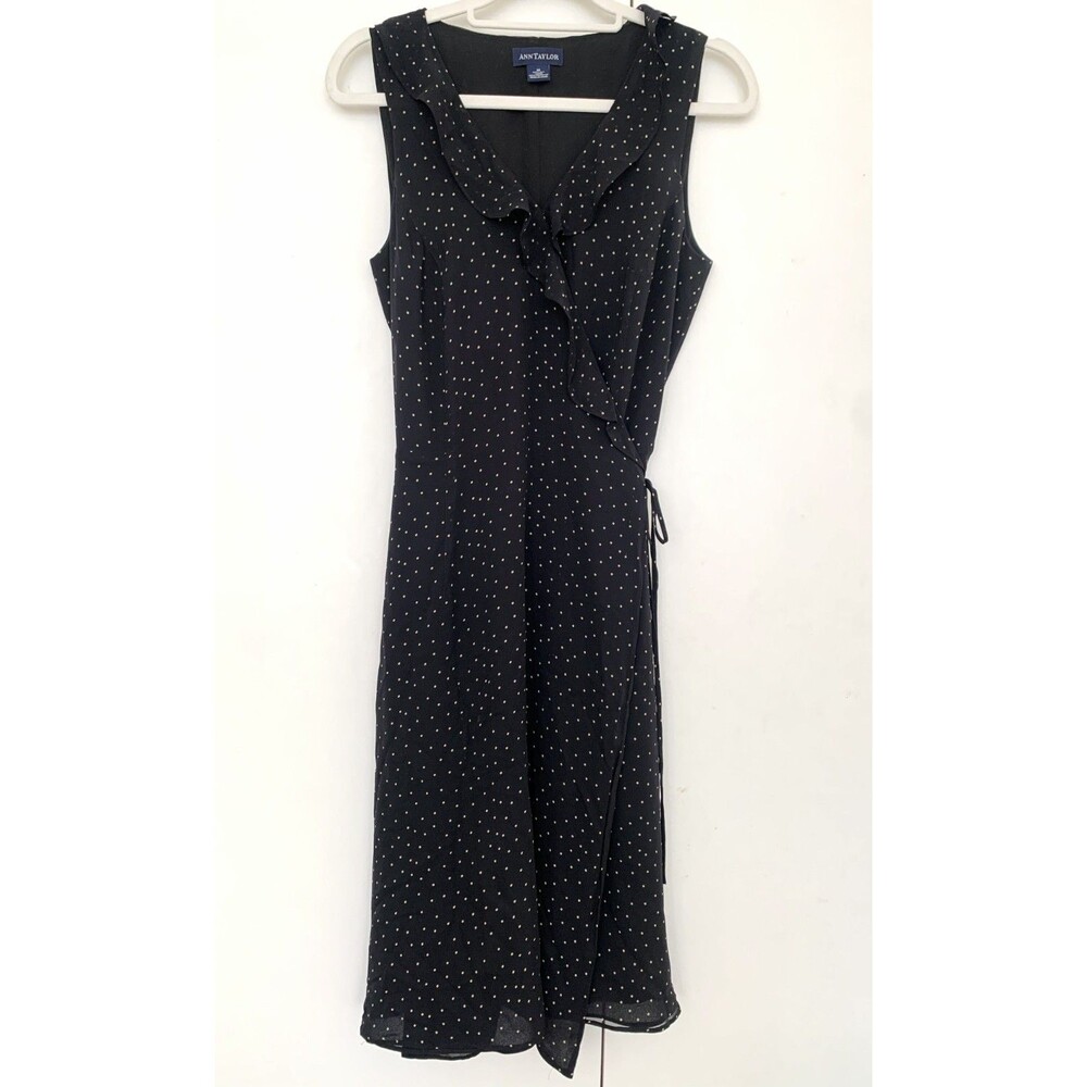 Ann Taylor Women's Size 10 Polka Dot Silk Dress Black Lined Tie Waist Part
